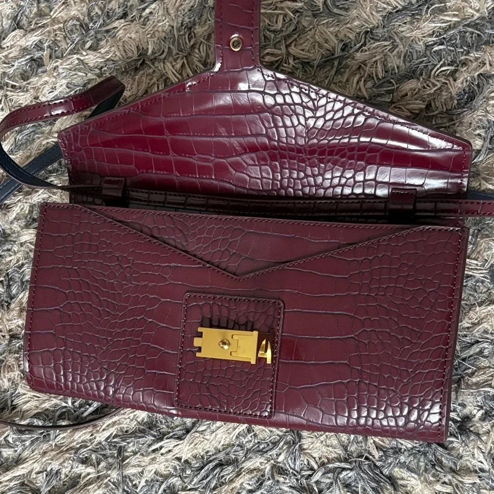 Anne Klein Burgundy Croc-Embossed Clutch Removable Shoulder Strap